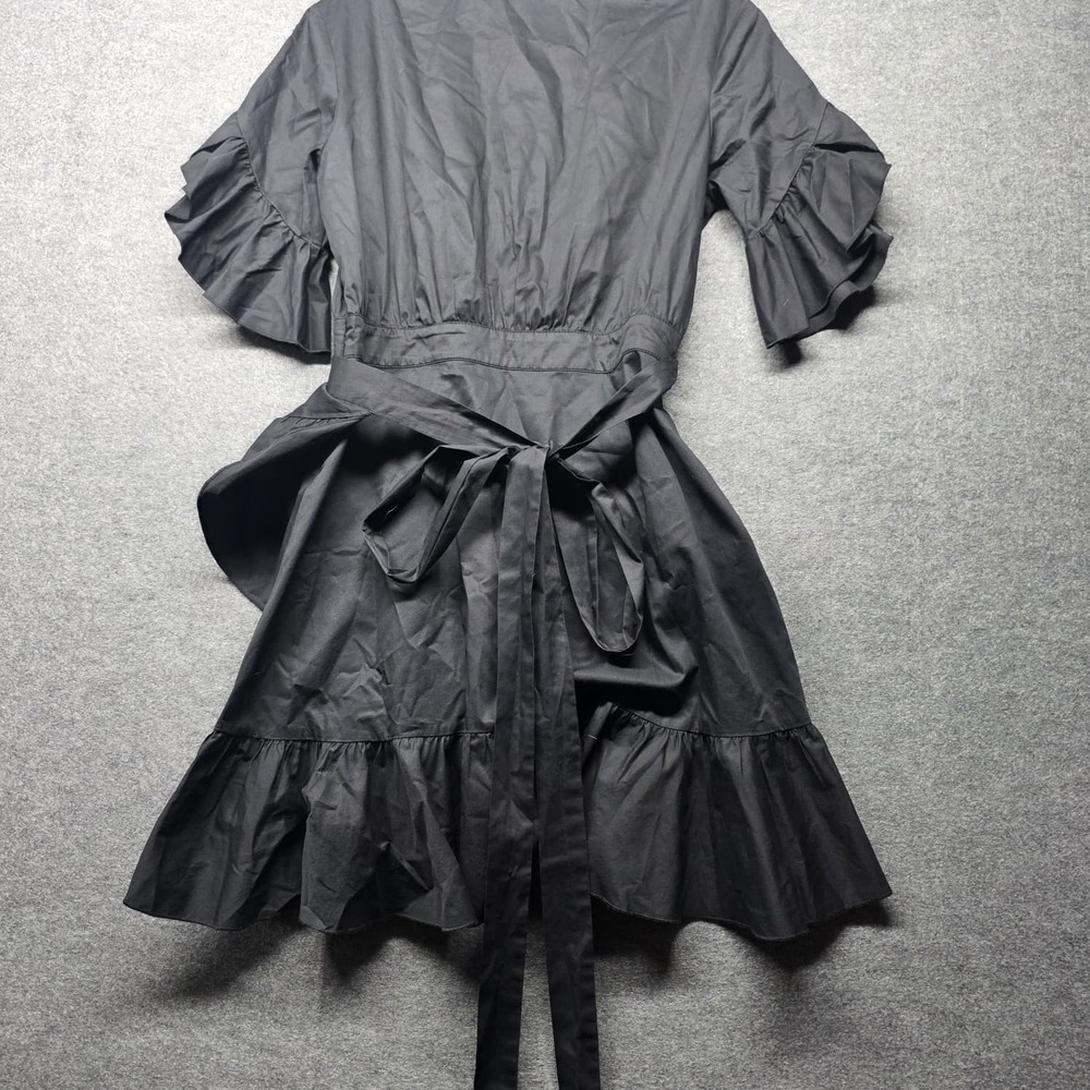 Cynthia Rowley Black Ruffle Sleeve Wrap Midi Dress Tie Waist Size M